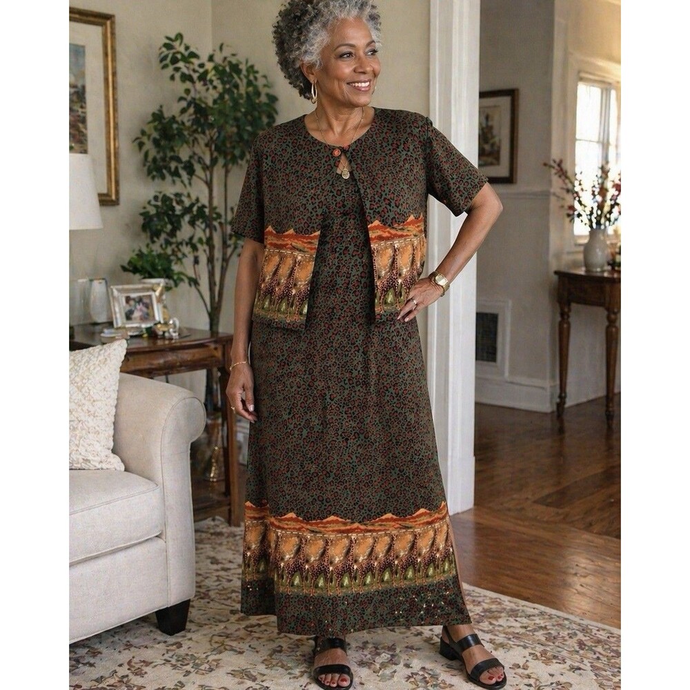 Vintage Robbie Bee Brown Giraffe Maxi Dress 2 Pc Set Safari Animal Print Size 10 - Picture 2 of 12